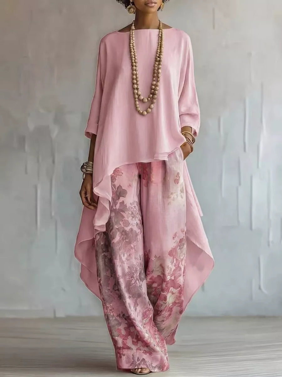 Asymmetrical Hem Top And Floral Pants Set in White