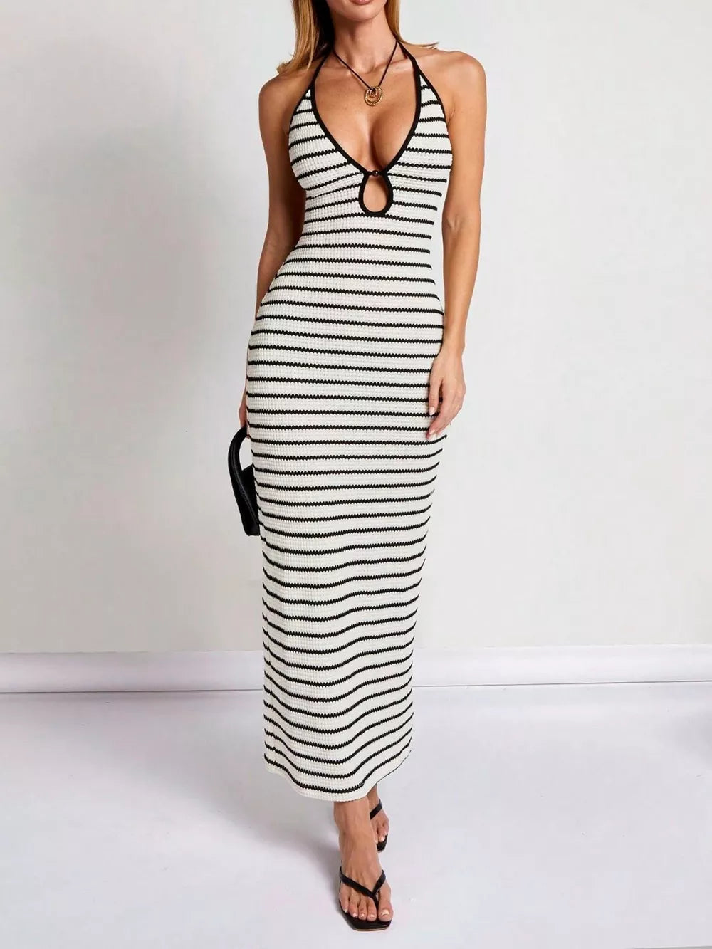 Striped Halter Neck Maxi Dress in White