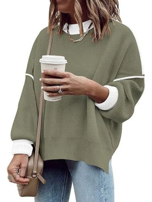 Coffee oversized pullover sweater with round neck