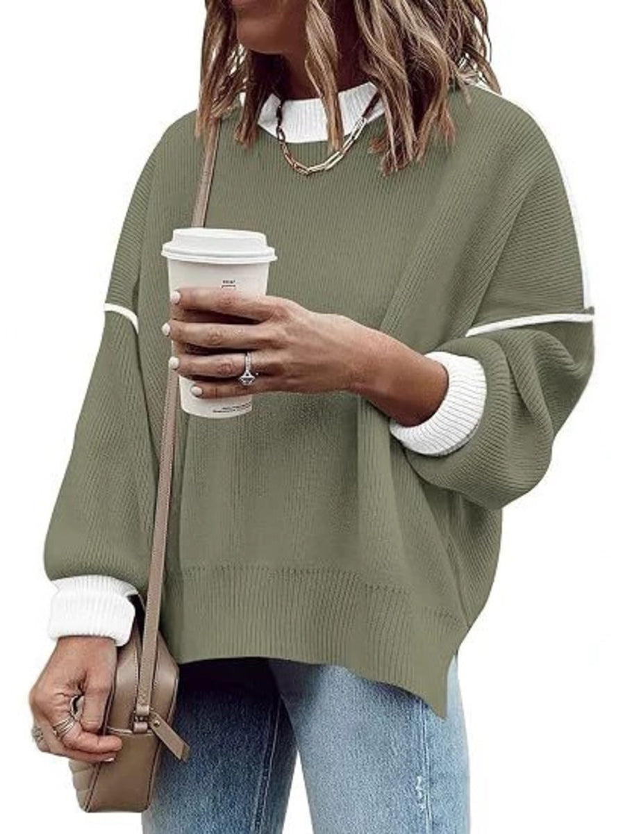 Coffee oversized pullover sweater with round neck