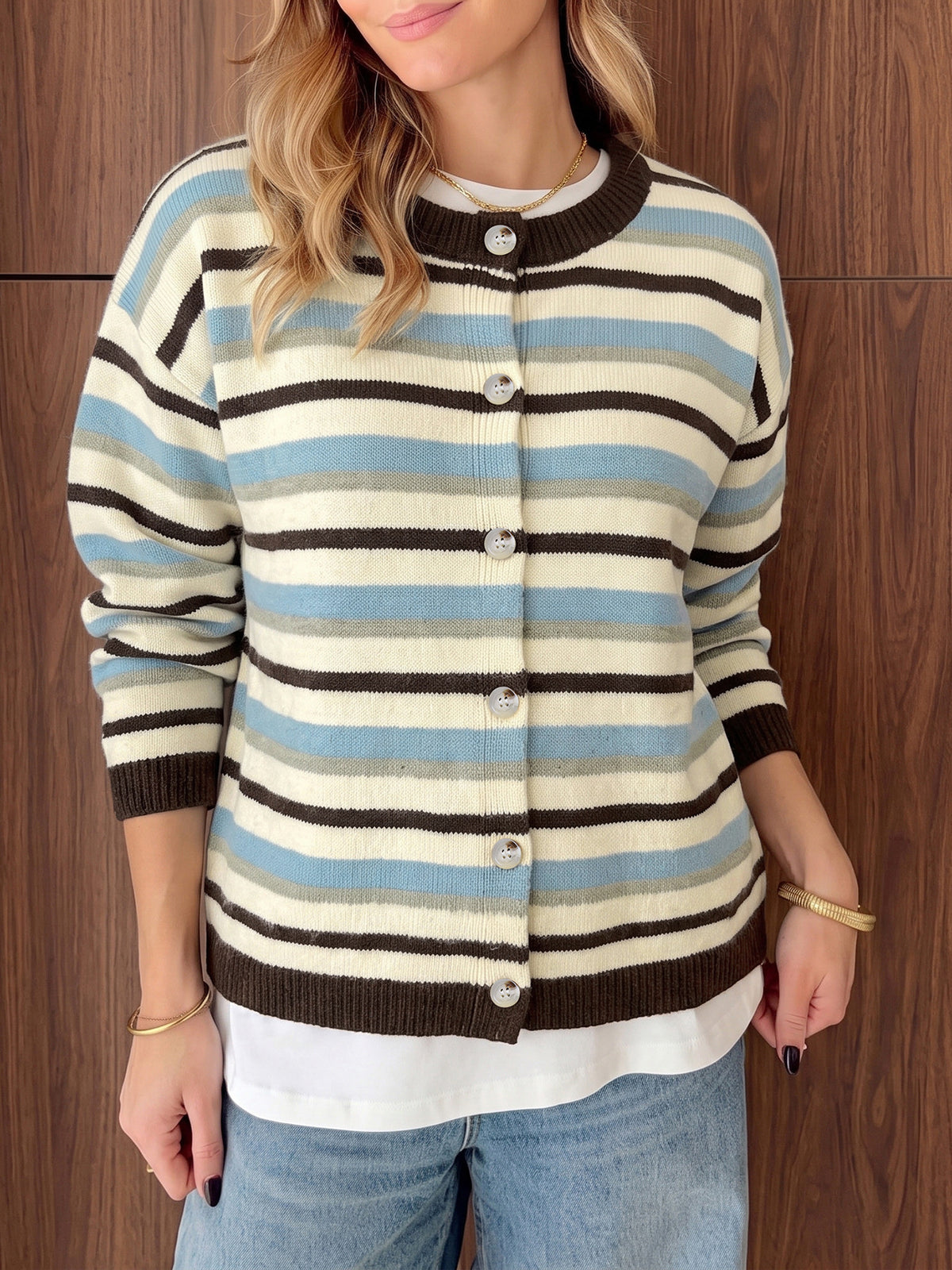 ivory cardigan with striped and crew neck