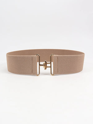 Caramel elastic belt with sculpted gold-tone buckle