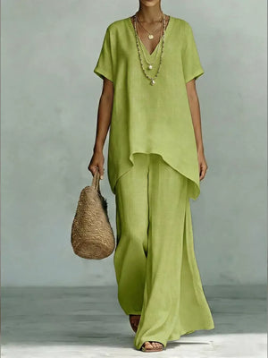 Lime green linen blend v-neck short sleeve tunic and wide leg pants set.
