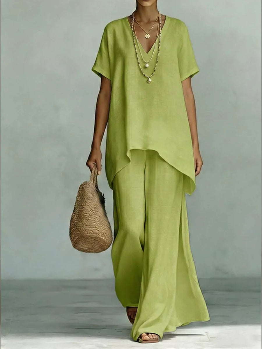 Lime green linen blend v-neck short sleeve tunic and wide leg pants set.