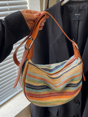 crossbody bag featuring striped in navy blue with Straw weaving Imported Size &amp texture