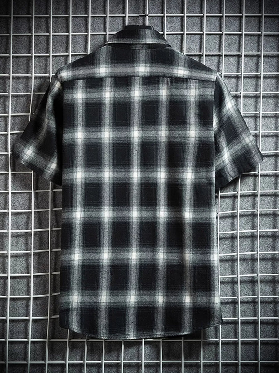Black plaid short-sleeve cotton button-down shirt with collar.