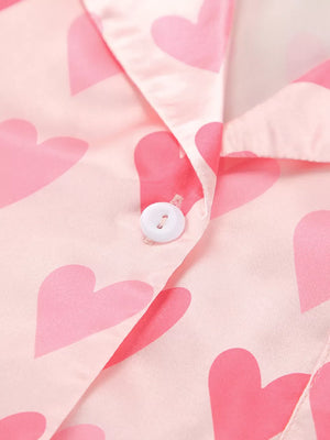 Heart Print Button Up Lounge Set in Blush Pink with buttoned