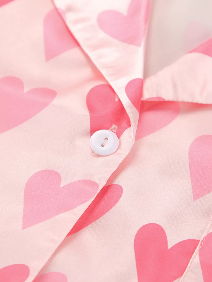 Heart Print Button Up Lounge Set in Blush Pink with buttoned