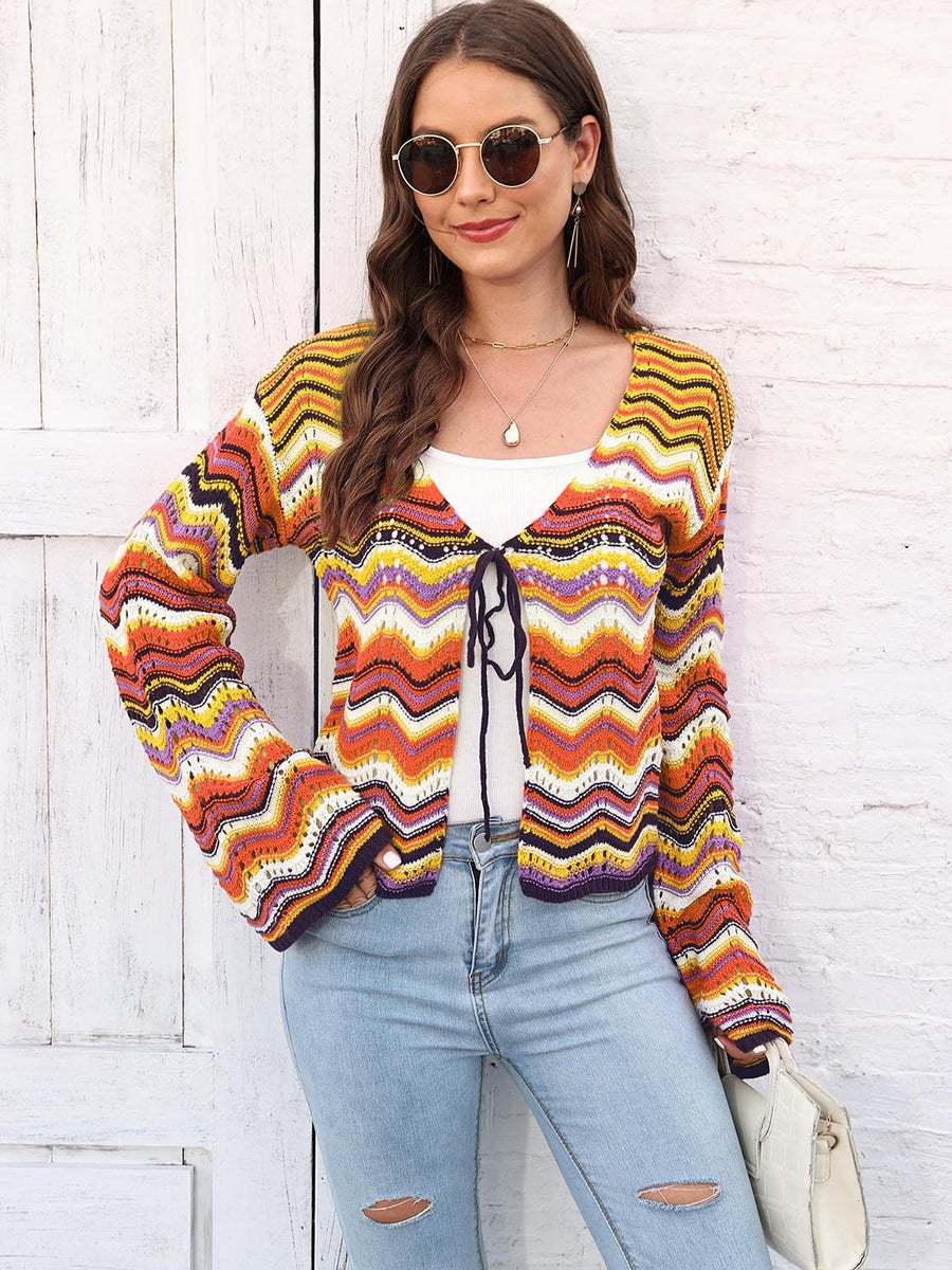 Chevron knit tie-front cardigan with multicolor zig-zag pattern and bell sleeves