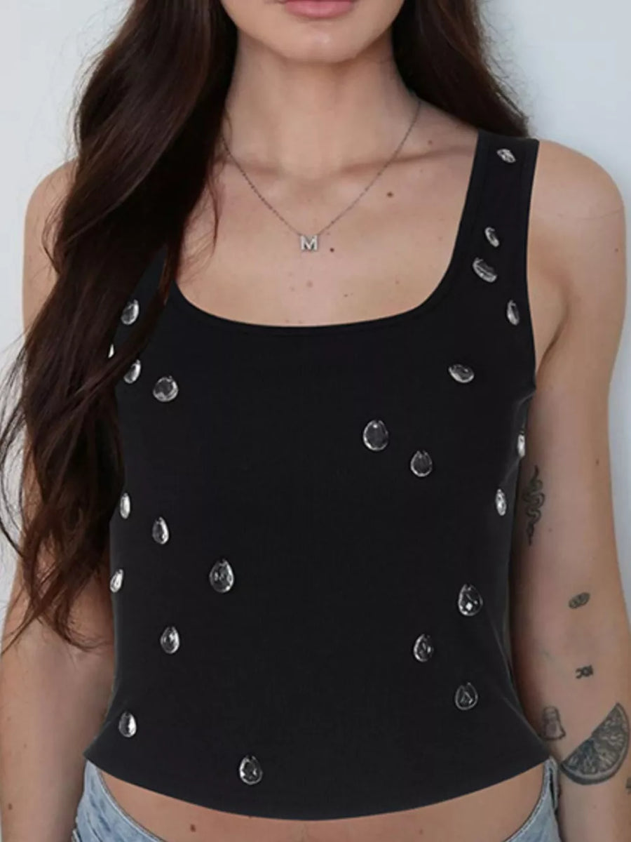 Black cropped square neck tank top with scattered rhinestone embellishments.