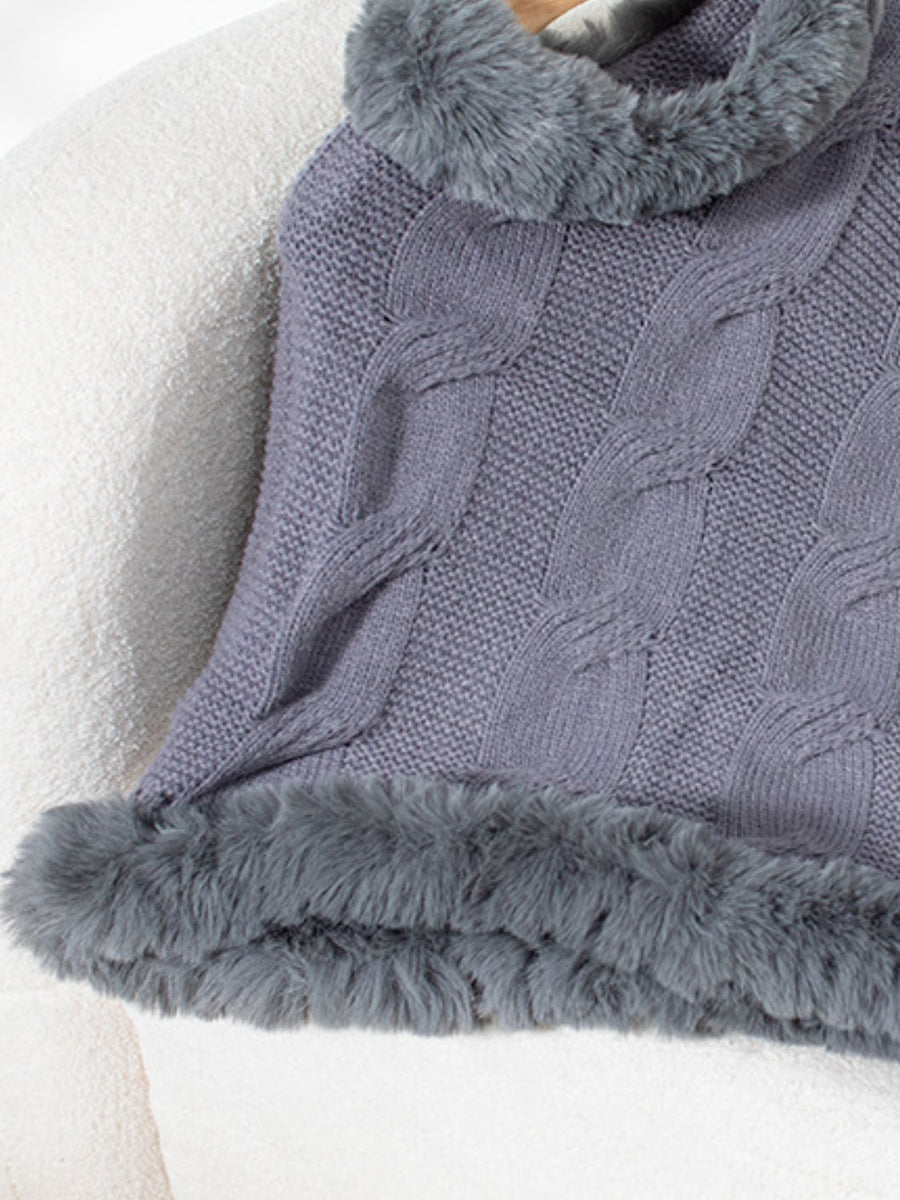Dark Gray cable knit poncho with faux fur trim and detailed texture.