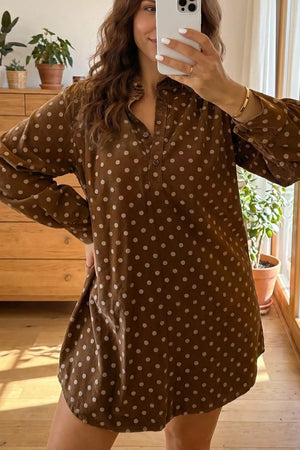 100% polyester Care instructions: Machine wash cold shift dress in Brown with relaxed silhouette
