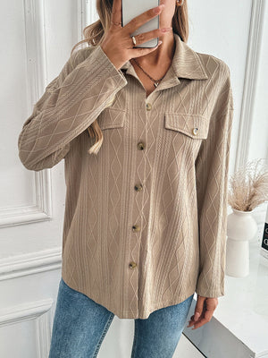 Camel utility jacket with diamond weave texture, button front, and chest pockets.