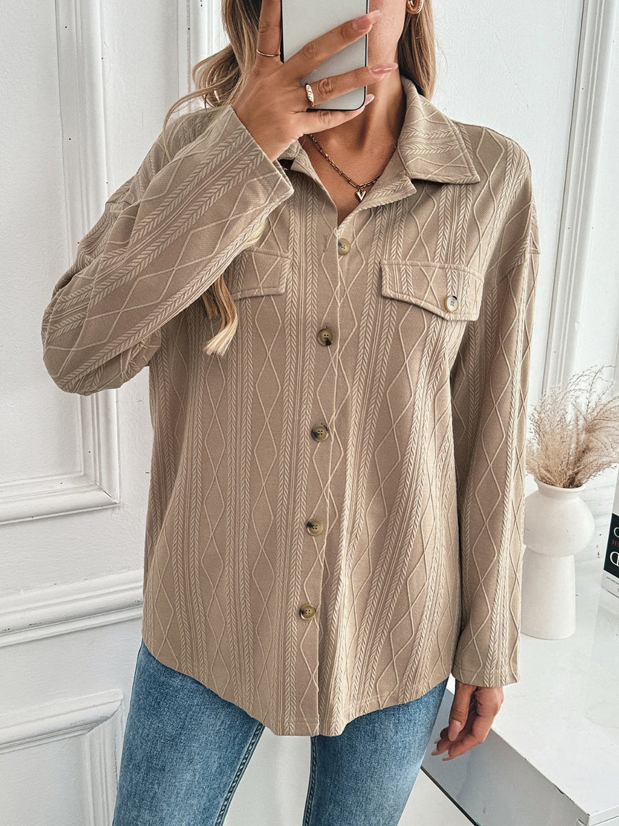 Camel utility jacket with diamond weave texture, button front, and chest pockets.