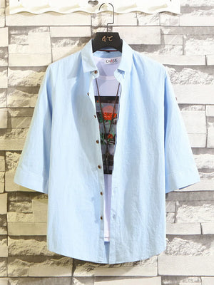 Dark Gray Men's Plus Size Button Up 3/4 Sleeve Shirt