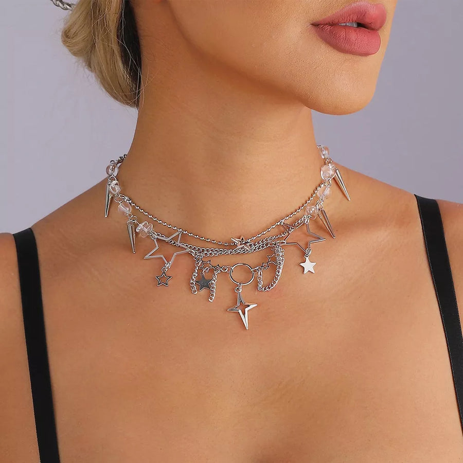 Silver with Titanium Steel Gothic Star Cross Choker Necklace in Silver