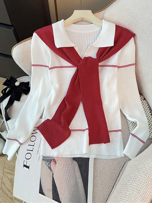 ivory pullover sweater with striped and crew neck