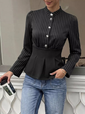 peplum top in Black with striped and decorative button