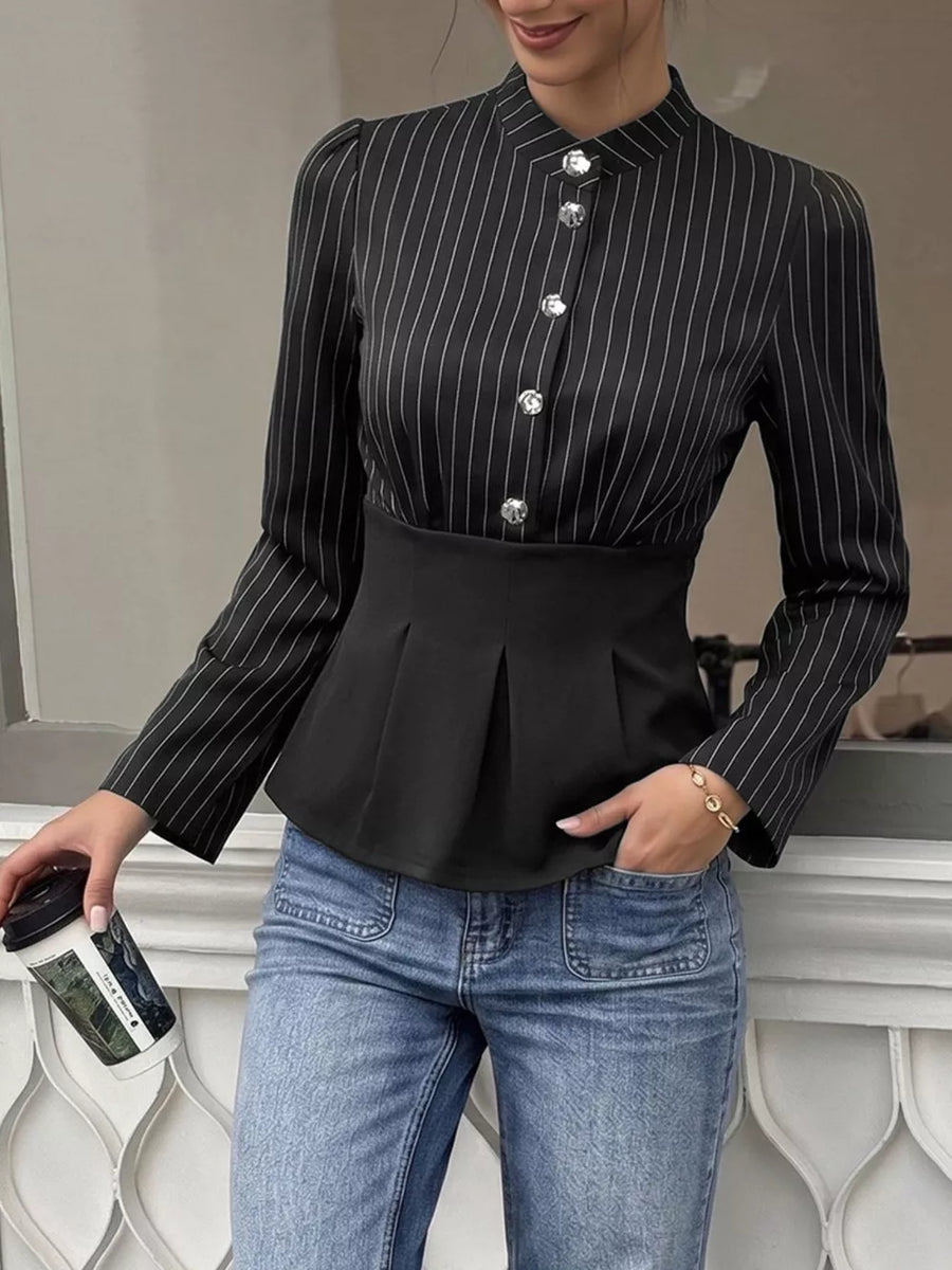 peplum top in Black with striped and decorative button