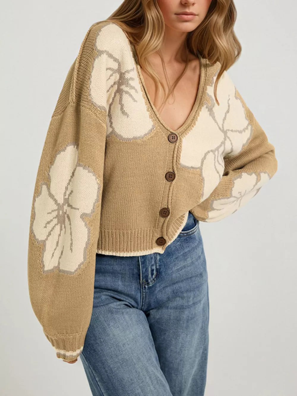 camel cardigan featuring buttoned and floral