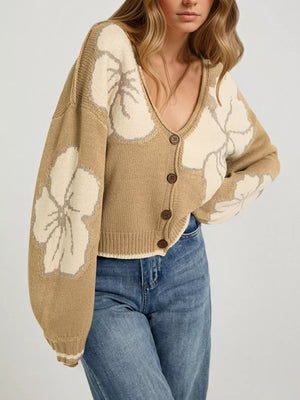 camel cardigan featuring buttoned and floral