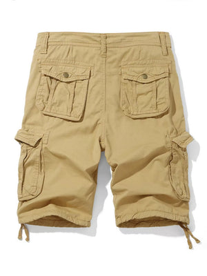 Khaki cargo shorts for men with multiple button-flap pockets and drawstring hems.