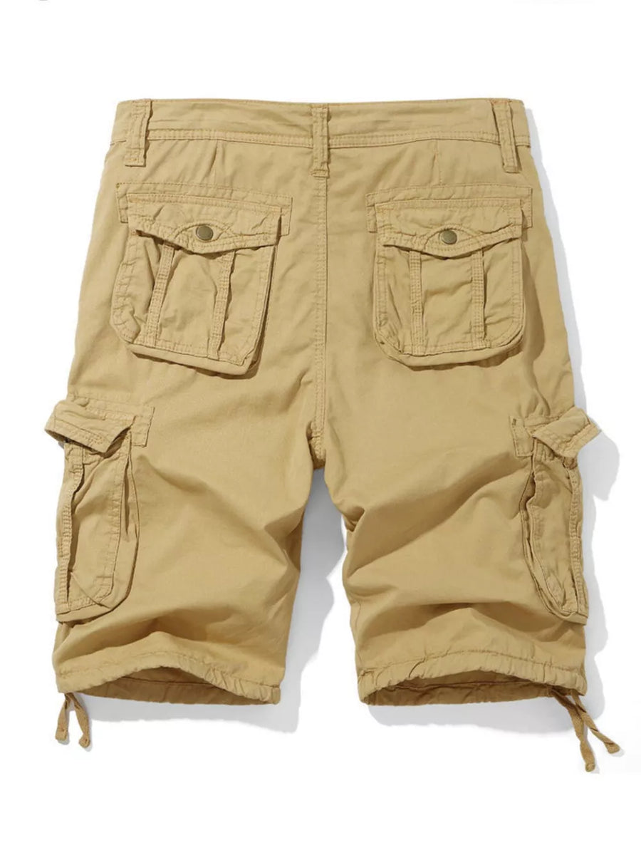 Khaki cargo shorts for men with multiple button-flap pockets and drawstring hems.