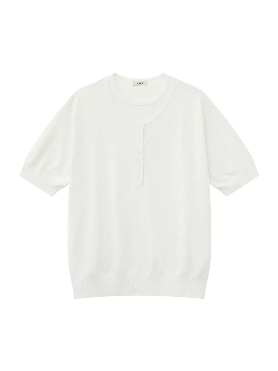 White short sleeve henley t-shirt with button placket