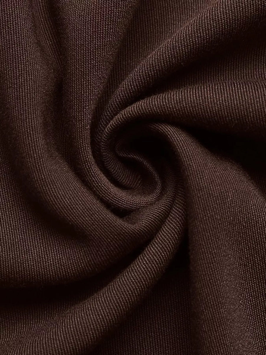 Brown V-Neck A-Line Midi Dress Puff Sleeve