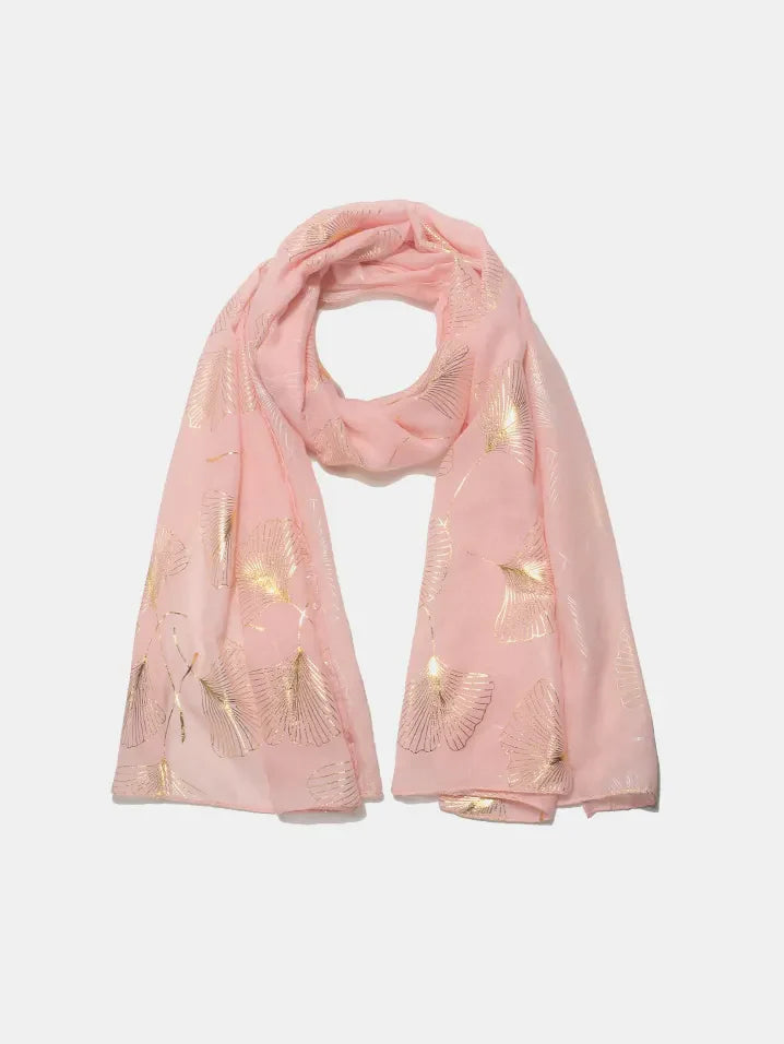 Pink scarf with gold gilded ginkgo leaf pattern