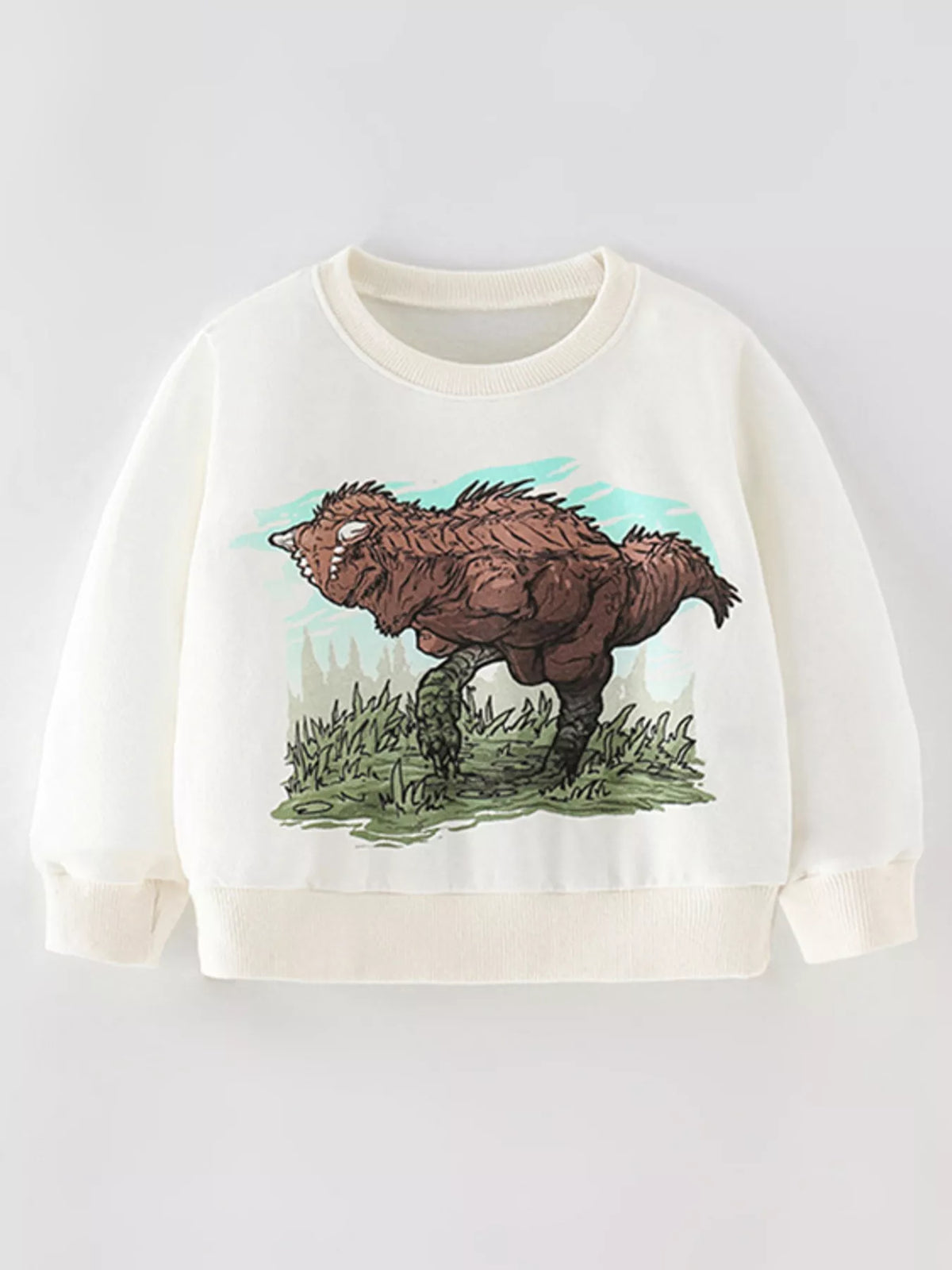 Kids white cotton crew neck sweatshirt with a brown dinosaur graphic.