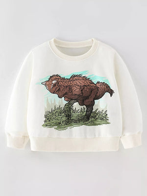 Kids white cotton crew neck sweatshirt with a brown dinosaur graphic.