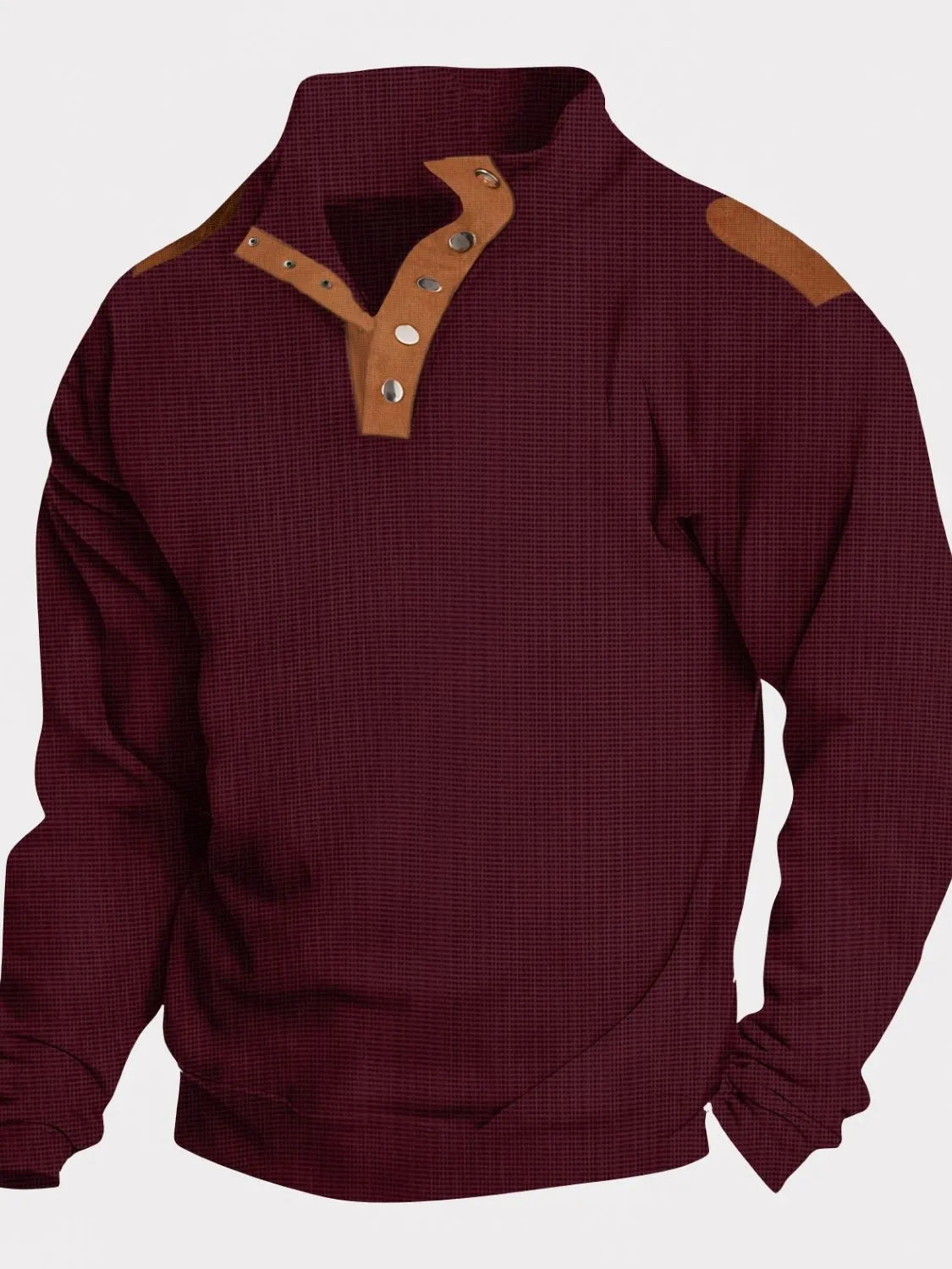 Burgundy waffle knit henley shirt with suede shoulder patches and button placket.