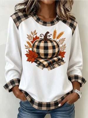 white sweatshirt with plaid and crew neck
