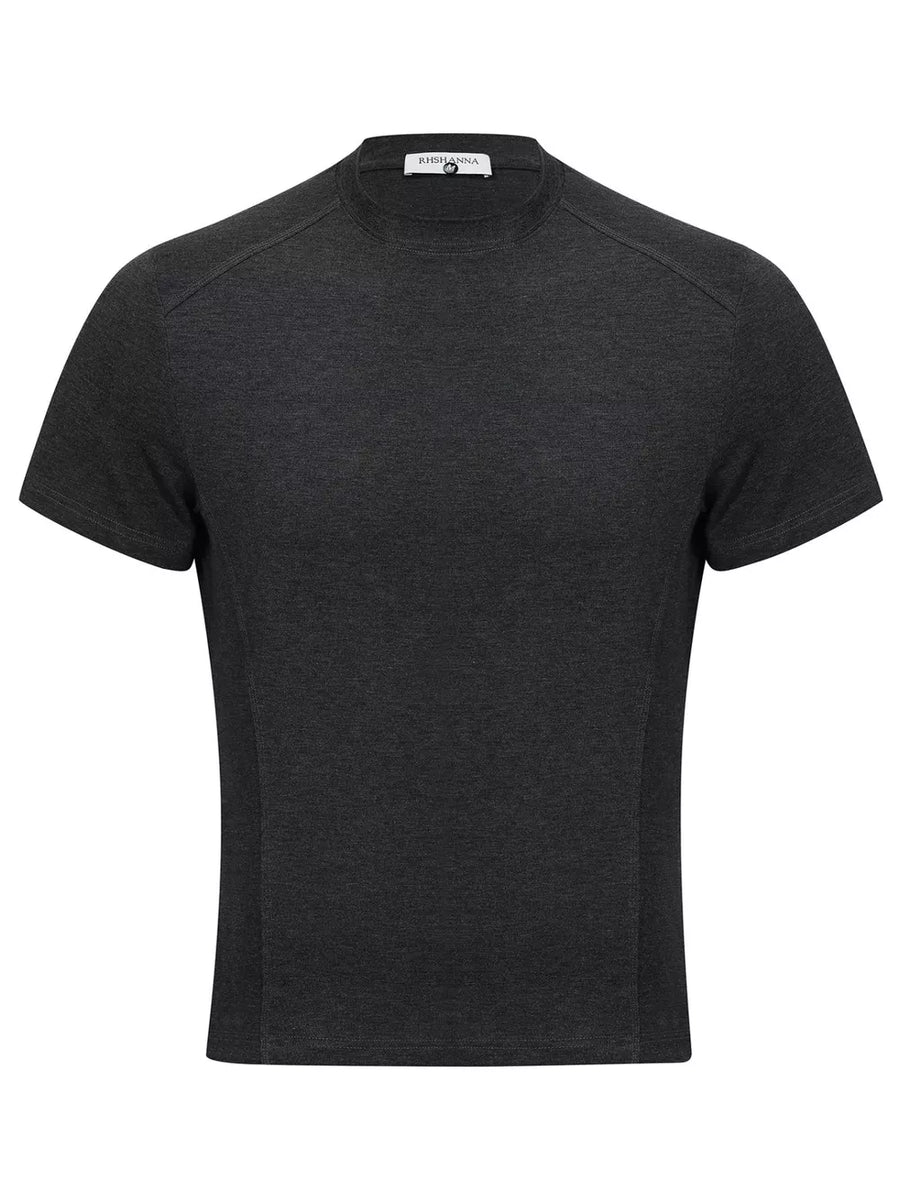 Dark Gray athletic fit tee with mock neck and short sleeves, made from a comfortable cotton blend.