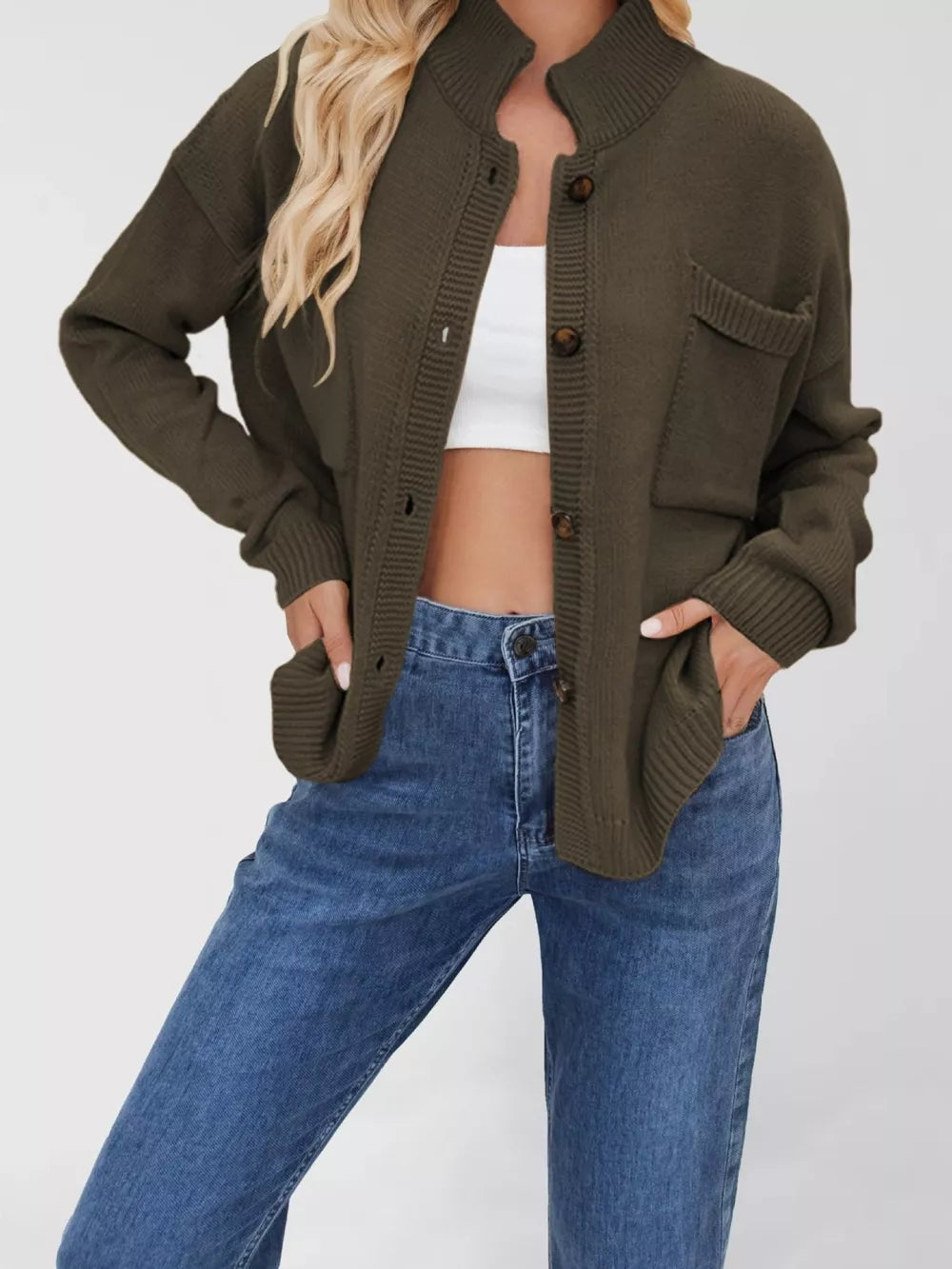 Button-down Oversized Long-sleeve Top in Grey with buttoned
