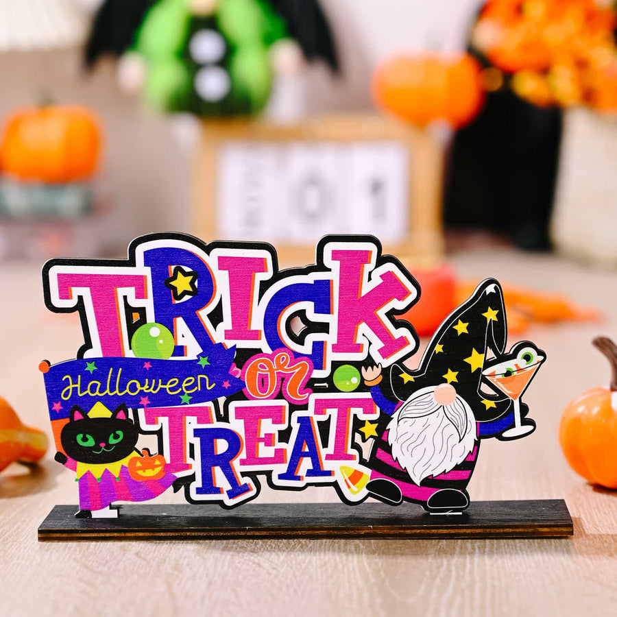 Spooky Scene Halloween Tabletop Duo with Trick or Treat text, gnome, black cat, and pumpkins.