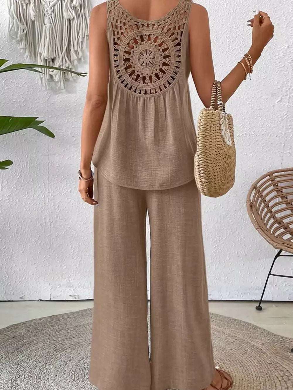Taupe crochet back two-piece set with round neck sleeveless top and wide leg pants