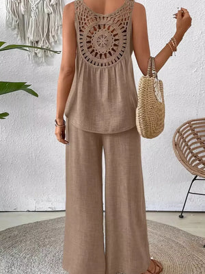 Taupe crochet back two-piece set with round neck sleeveless top and wide leg pants
