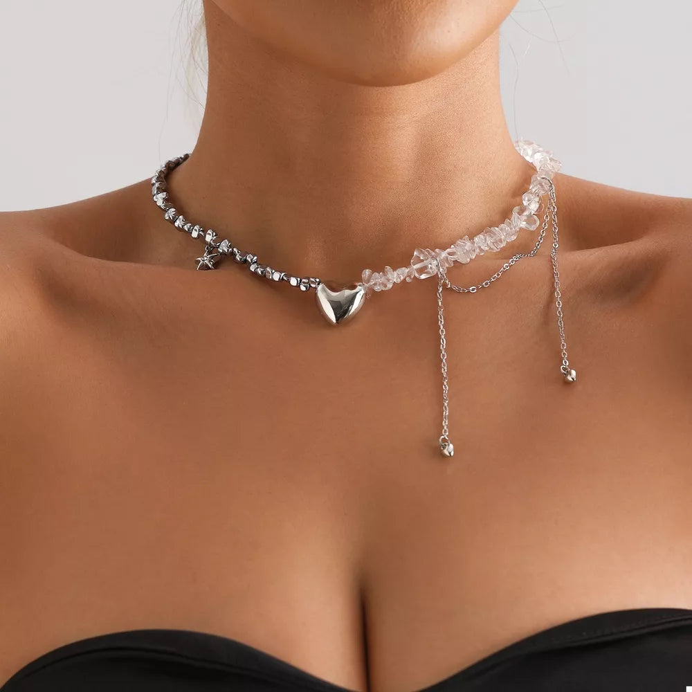 necklace in silver featuring heart charm and choker fit