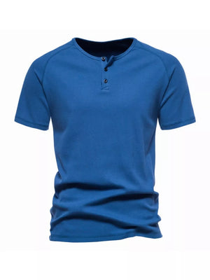 Men's blue cotton casual henley t-shirt with button detail