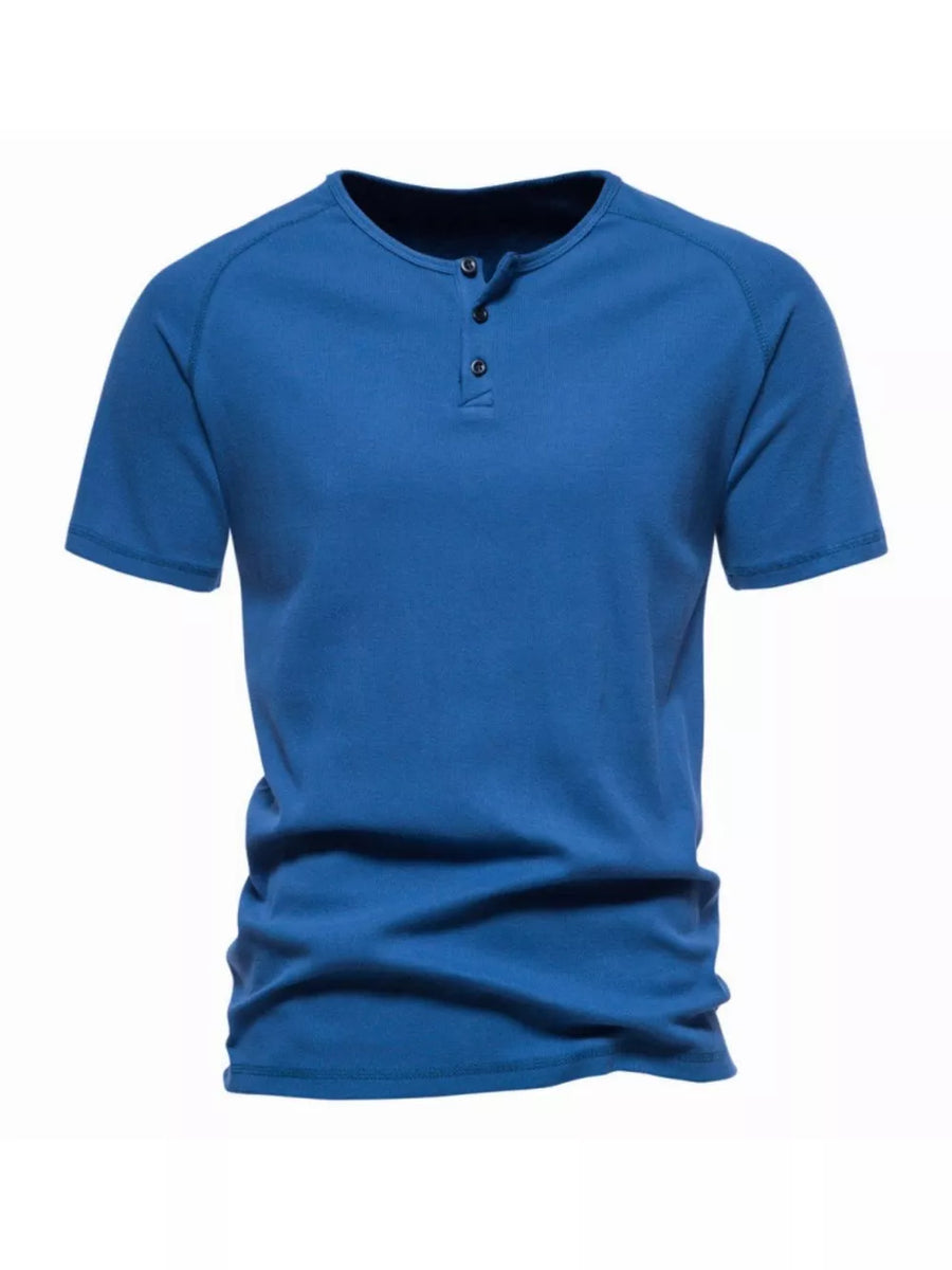 Men's blue cotton casual henley t-shirt with button detail