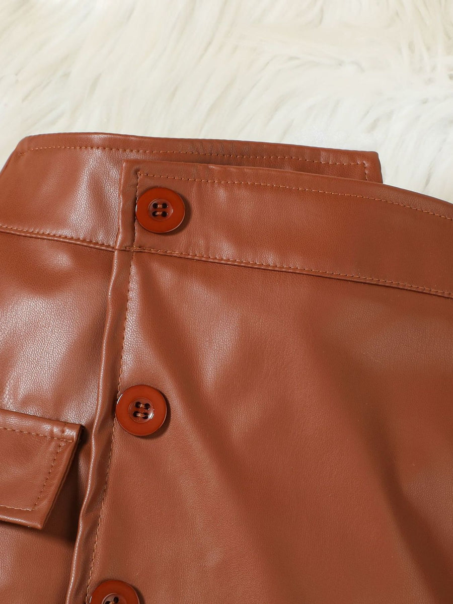 Brown faux leather skirt with button details and pocket.