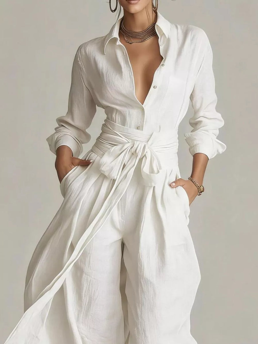 Long-sleeve Button-down Waist-tie Jumpsuit in White with buttoned