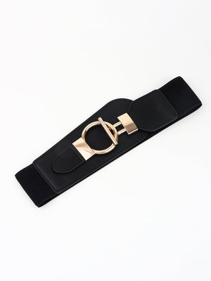 Black elastic belt with gold circle buckle and hardware detail