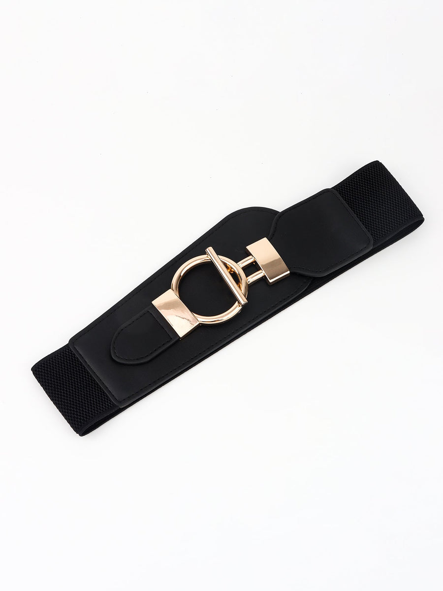 Black elastic belt with gold circle buckle and hardware detail