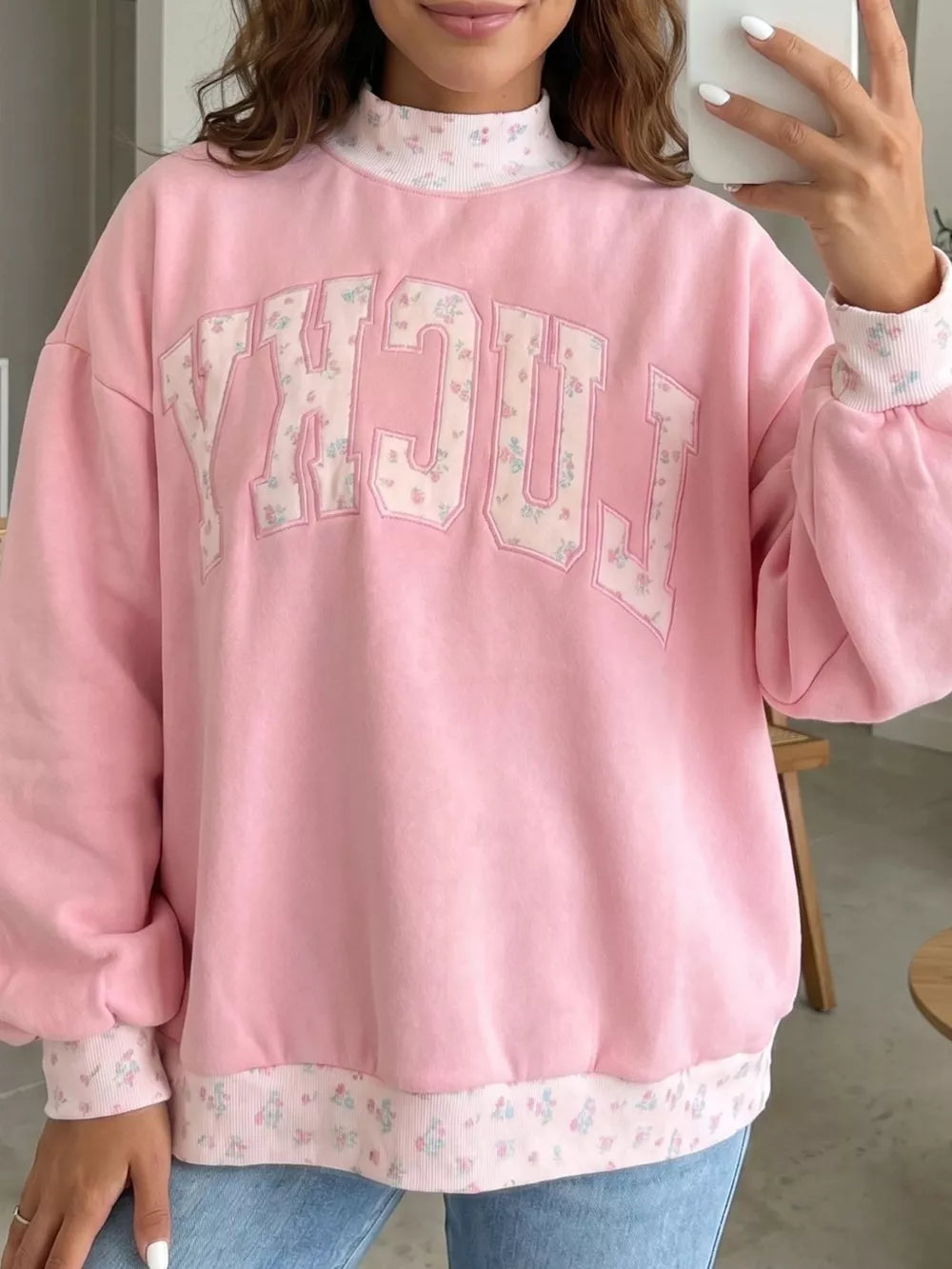 Blush Pink High Neck Floral Patch Embroidery Sweatshirt