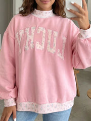 Blush Pink High Neck Floral Patch Embroidery Sweatshirt