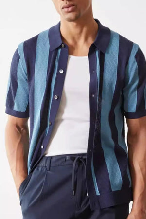 Men's navy and blue striped short sleeve button-up shirt with a knit texture.