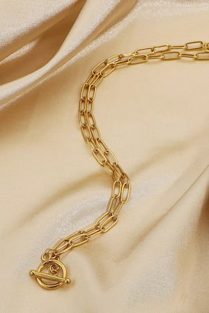 Gold-tone paperclip chain necklace with toggle clasp detail